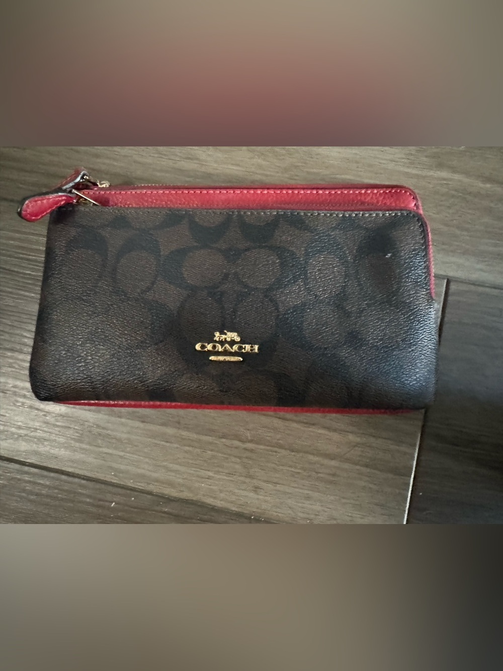 Coach Brown Signature Wallet with Red Trim and Gold Logo